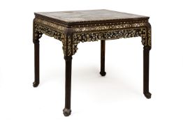 A SQUARE MOTHER OF PEARL INLAID AND MARBLE INSET TABLE