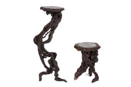 TWO ROOTWOOD AND MARBLE INSET SIDE TABLES