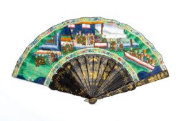 A CHINESE EXPORT BLACK LACQUER AND PAINTED PAPER FAN