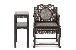 A MOTHER OF PEARL AND MARBLE INSET BLACKWOOD CHAIR AND TABLE