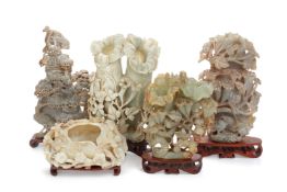 A GROUP OF FIVE FOLIATE JADE / STONE CARVINGS