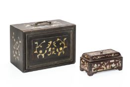 TWO MOTHER OF PEARL INLAID WOOD BOXES