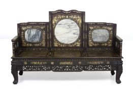 A MOTHER OF PEARL INLAID AND MARBLE INSET THREE SEATER SETEE