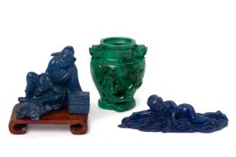 THREE LAPIS LAZULI AND MALACHITE CARVINGS