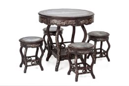 A MARBLE INSET AND MOTHER OF PEARL INLAID TABLE AND 4 STOOLS