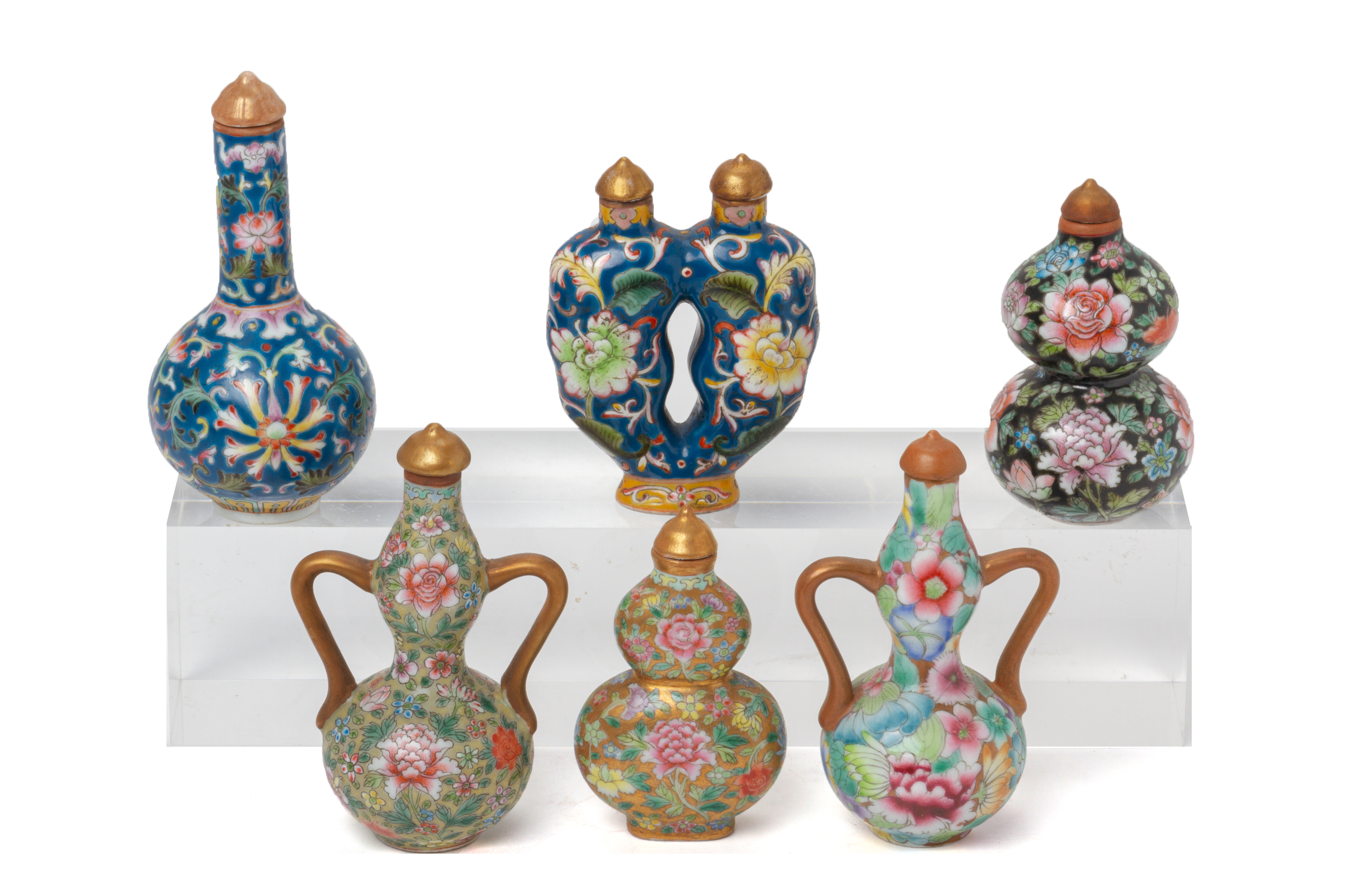 A GROUP OF SIX POLYCHROME ENAMELLED PORCELAIN SNUFF BOTTLES - Image 2 of 2