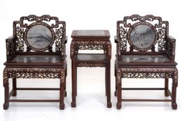 A PAIR OF MOTHER OF PEARL AND MARBLE INSET CHAIRS AND TABLE