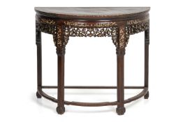 A MOTHER OF PEARL AND MARBLE INSET DEMI-LUNE SIDE TABLE