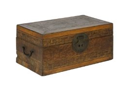 A PARQUETRY AND BURLWOOD TABLE BOX