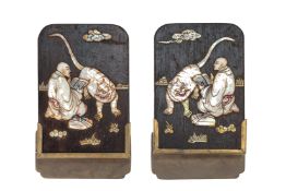 A PAIR OF CHINESE MOTHER OF PEARL, WOOD AND BRASS BOOK ENDS