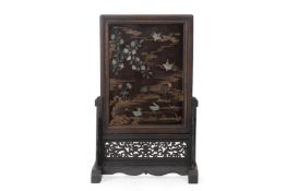A HARDSTONE INSET LACQUER AND CARVED WOOD TABLE SCREEN
