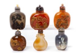 A GROUP OF SIX CARVED AGATE SNUFF BOTTLES