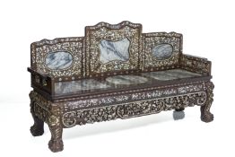 A LARGE MOTHER OF PEARL INLAID AND MARBLE INSET SOFA