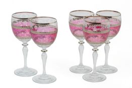 A SET OF FIVE CRANBERRY BOHEMIA WINE GLASSES