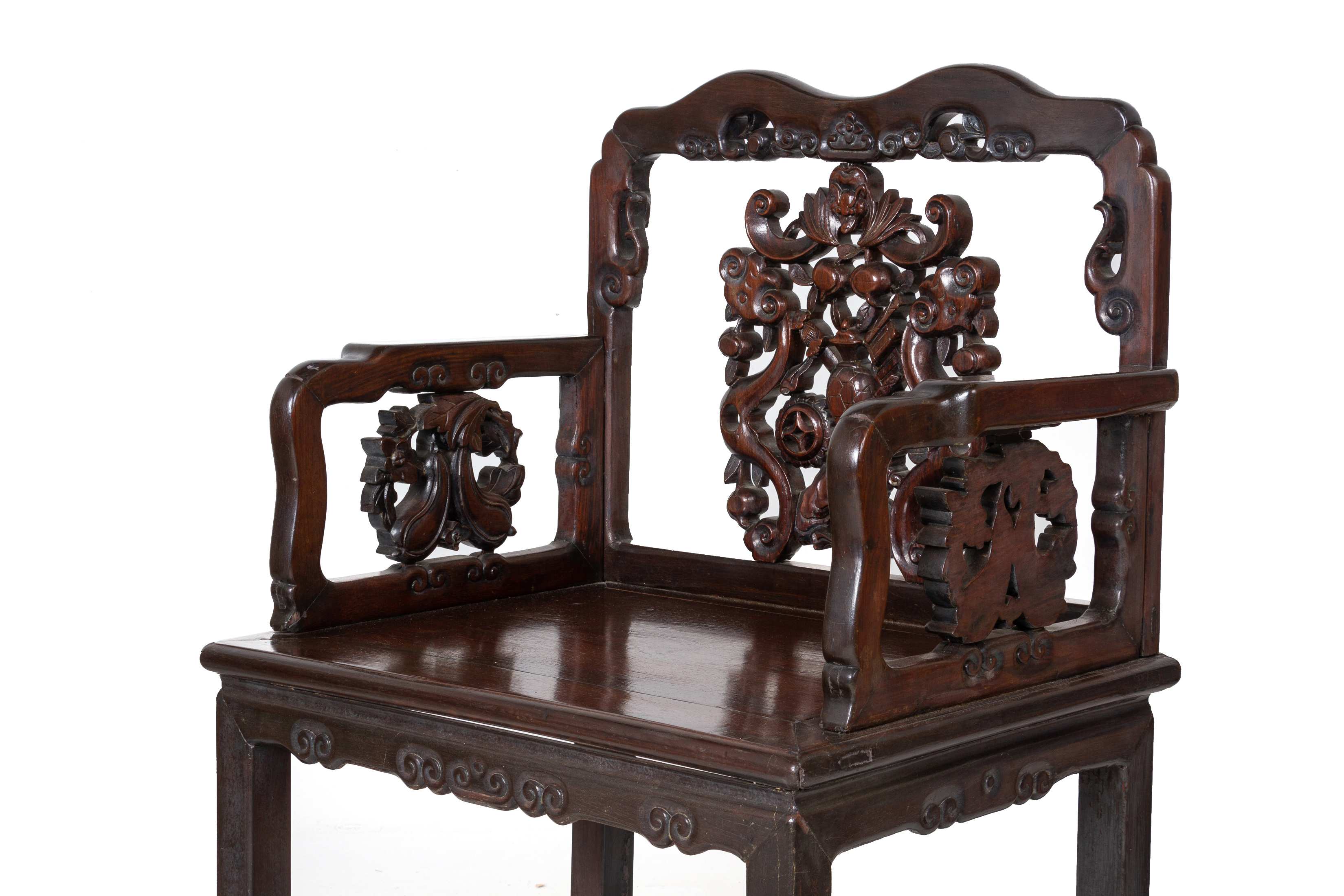 A PAIR OF CHINESE CARVED HARDWOOD ARMCHAIRS - Image 3 of 4