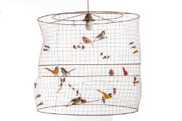 A BIRDCAGE AND BIRD CEILING LIGHT