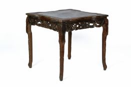 A MARBLE INSET BAMBOO CARVED HARDWOOD TABLE