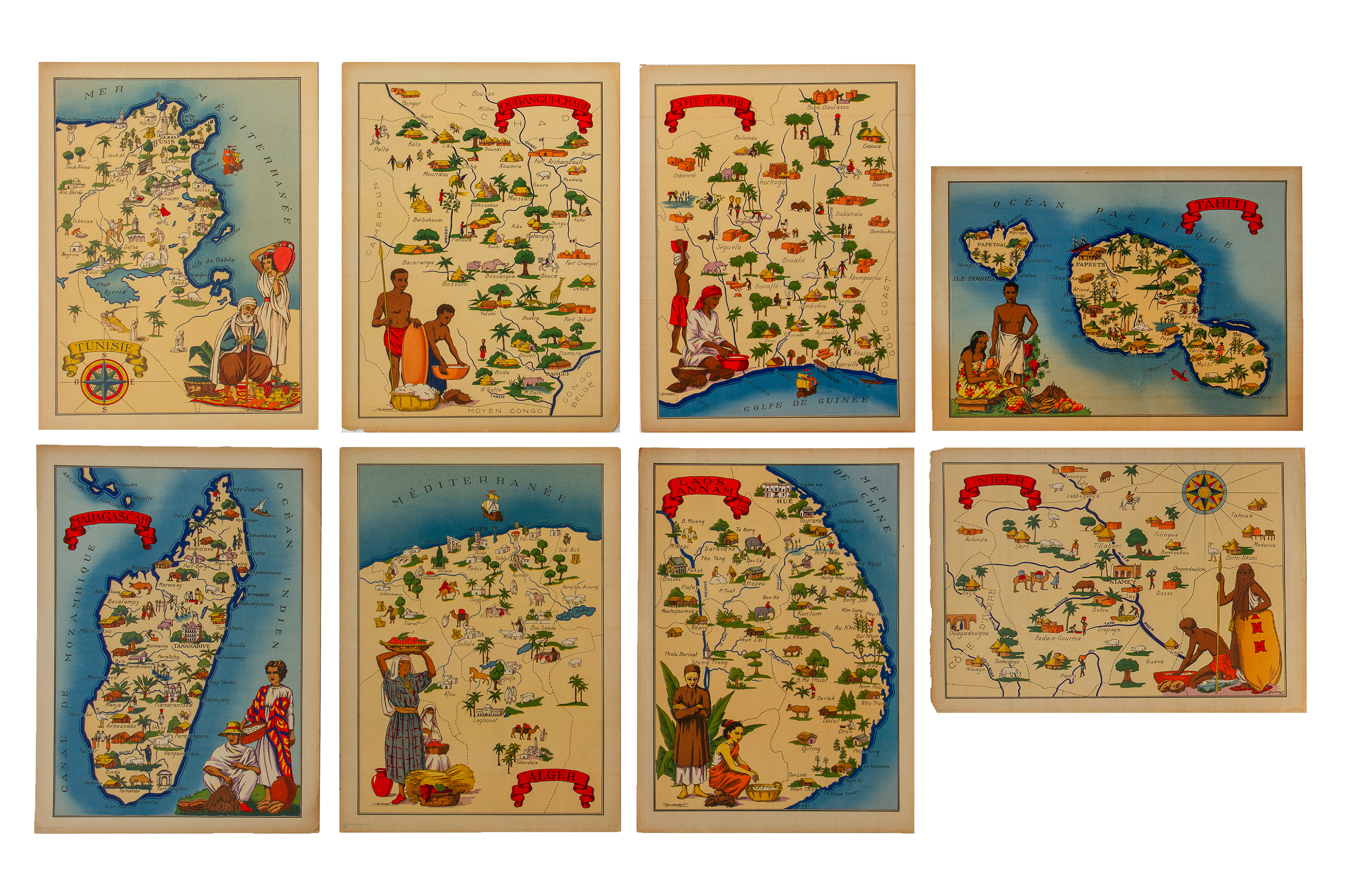 A SET OF EIGHT VINTAGE FRENCH ILLUSTRATED MAPS BY JYLBERT