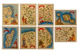 A SET OF EIGHT VINTAGE FRENCH ILLUSTRATED MAPS BY JYLBERT