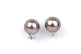 A PAIR OF CULTURED PEARL AND DIAMOND STUD EARRINGS