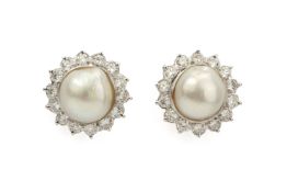 A PAIR OF MABE PEARL AND DIAMOND CLUSTER STUD EARRINGS