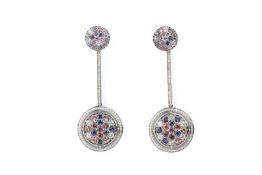 A PAIR OF MULTI GEM AND DIAMOND PENDANT EARRINGS