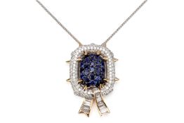 A BLUE SAPPHIRE AND DIAMOND PENDANT ON ADJUSTABLE CHAIN