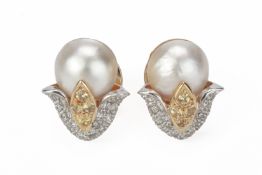 A PAIR OF MABE PEARL, DIAMOND AND SAPPHIRE STUD EARRINGS