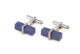 A PAIR OF LAPIS LAZULI AND DIAMOND CUFFLINKS