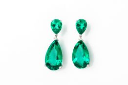 A PAIR OF SYNTHETIC EMERALD EARRINGS