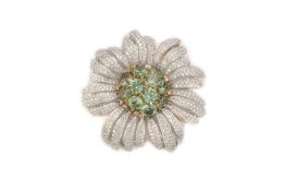 A DEMANTOID GARNET & DIAMOND BROOCH