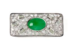 A JADE, WHITE SAPPHIRE AND DIAMOND BROOCH