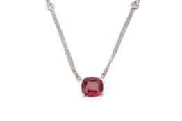 A PINK GARNET AND DIAMOND LONG NECKLACE