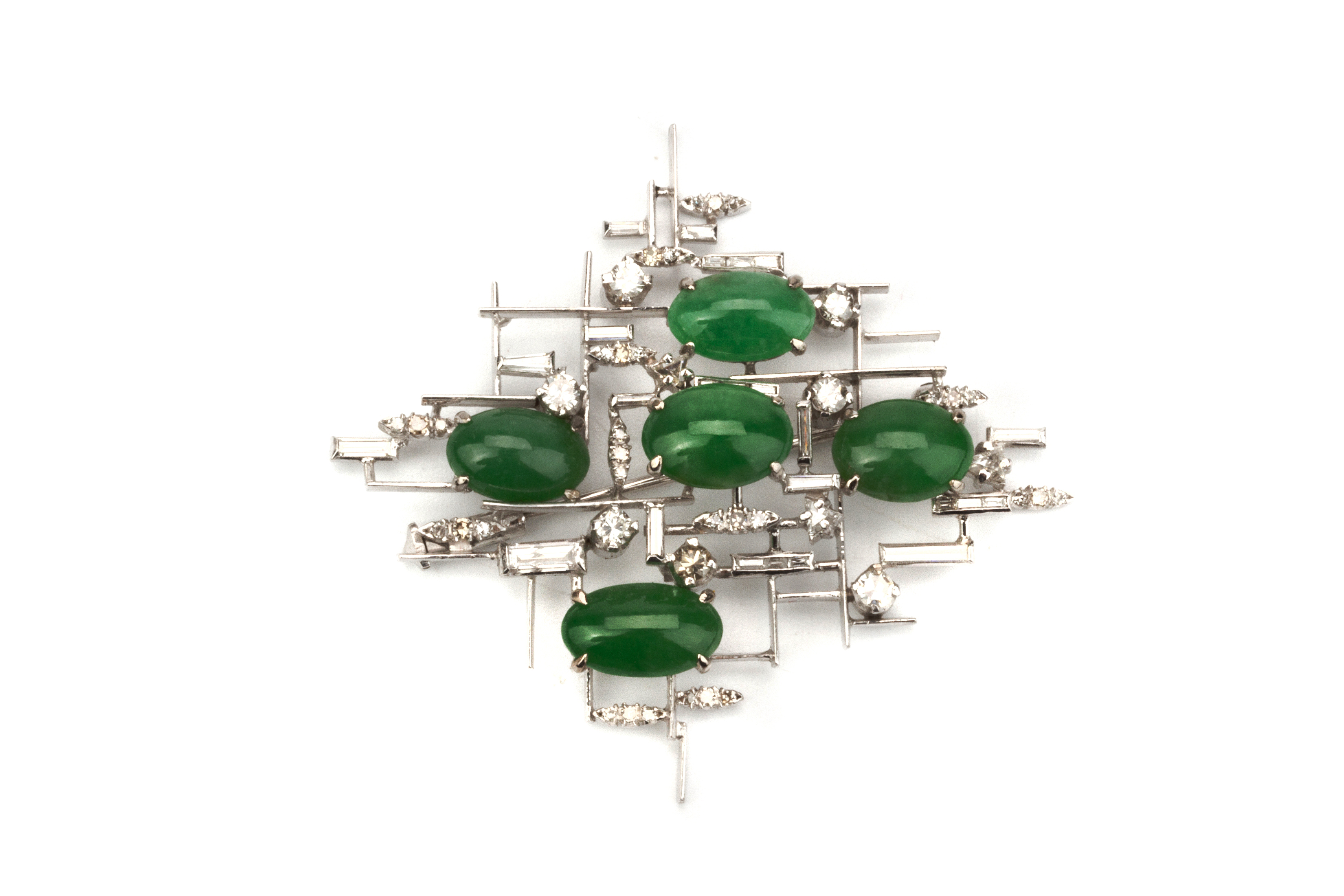 A JADE AND DIAMOND ABSTRACT BROOCH