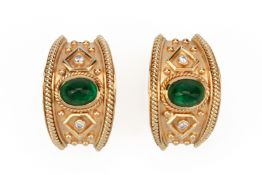 A PAIR OF ETRUSCAN REVIVAL EMERALD AND DIAMOND EARRINGS
