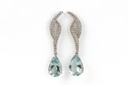 A PAIR OF AQUAMARINE AND DIAMOND EARRINGS