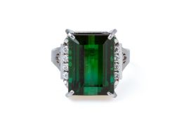 A GREEN TOURMALINE AND DIAMOND RING