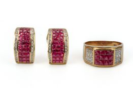 A RUBY AND DIAMOND RING AND PAIR OF EARRINGS