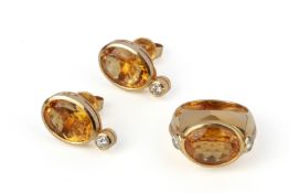 A CITRINE AND DIAMOND RING AND PAIR OF STUD EARRINGS