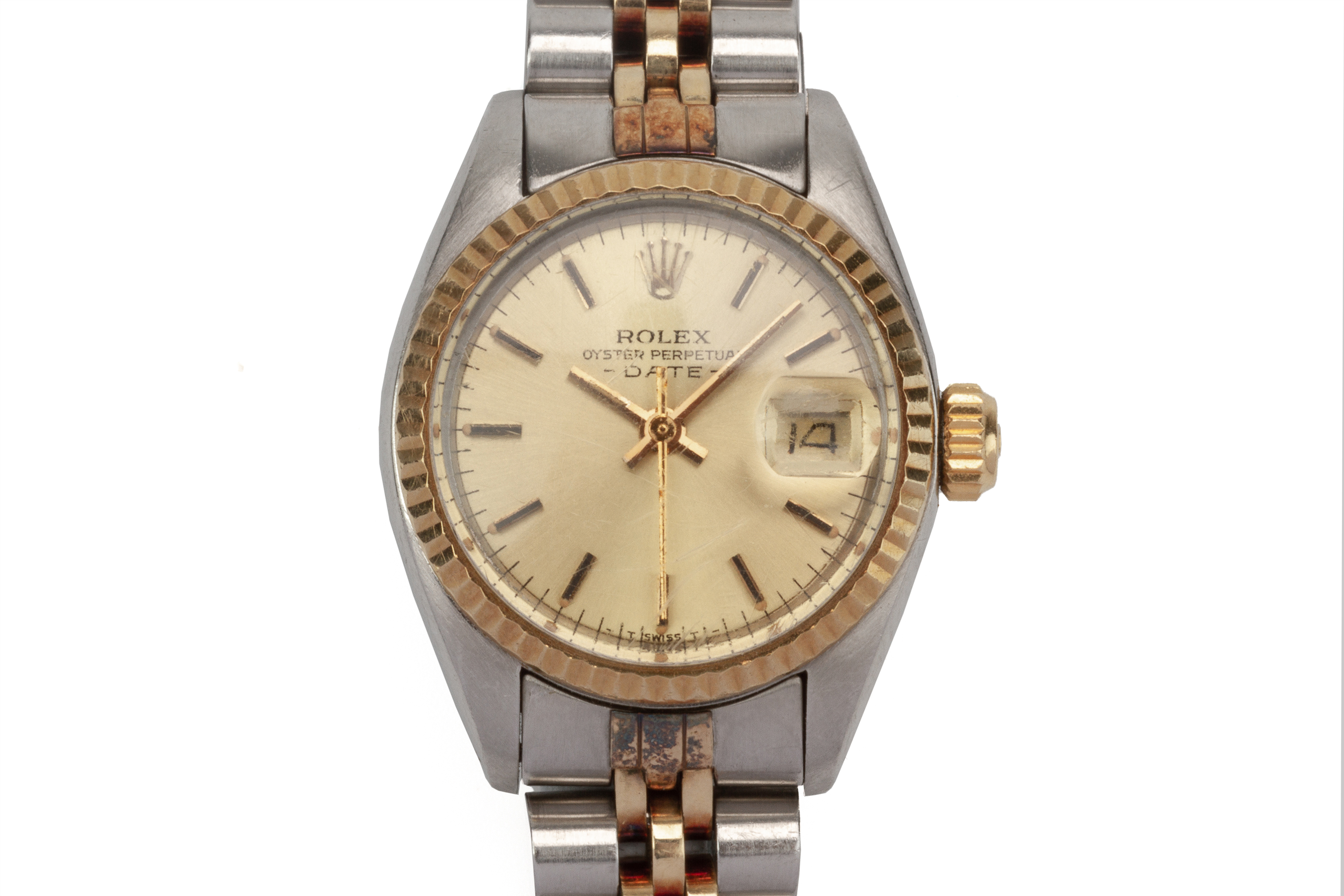 A ROLEX GOLD AND STAINLESS STEEL LADY DATE BRACELET WATCH