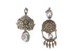 TWO SILVER, CULTURED SOUTH SEA PEARL AND INTAN PENDANTS