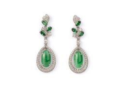 A PAIR OF TYPE A JADEITE, TSAVORITE AND DIAMOND EARRINGS