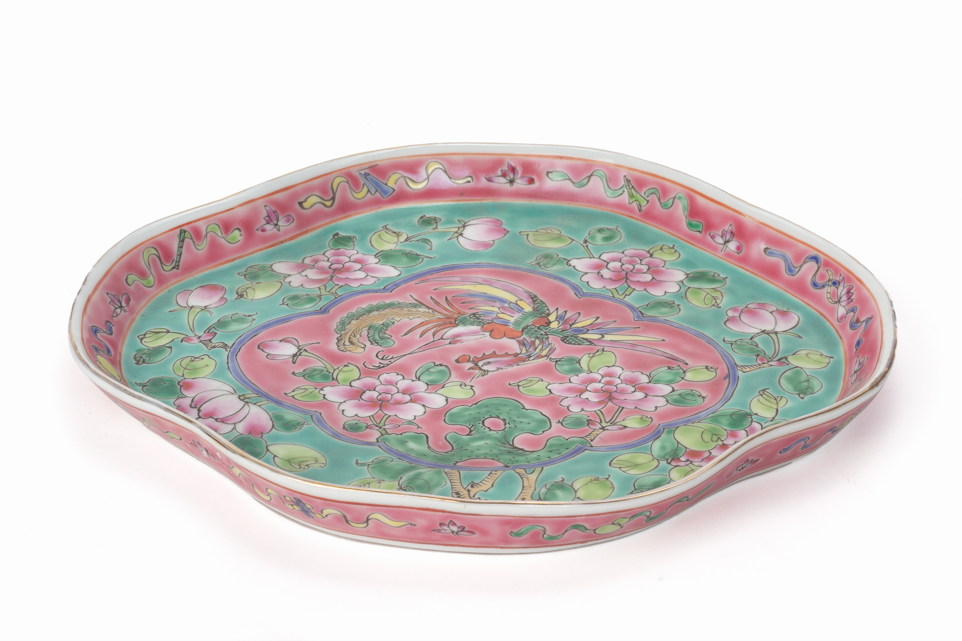A PAIR OF TURQUOISE GROUND MODERN PERANAKAN STYLE TEA TRAYS - Image 3 of 3
