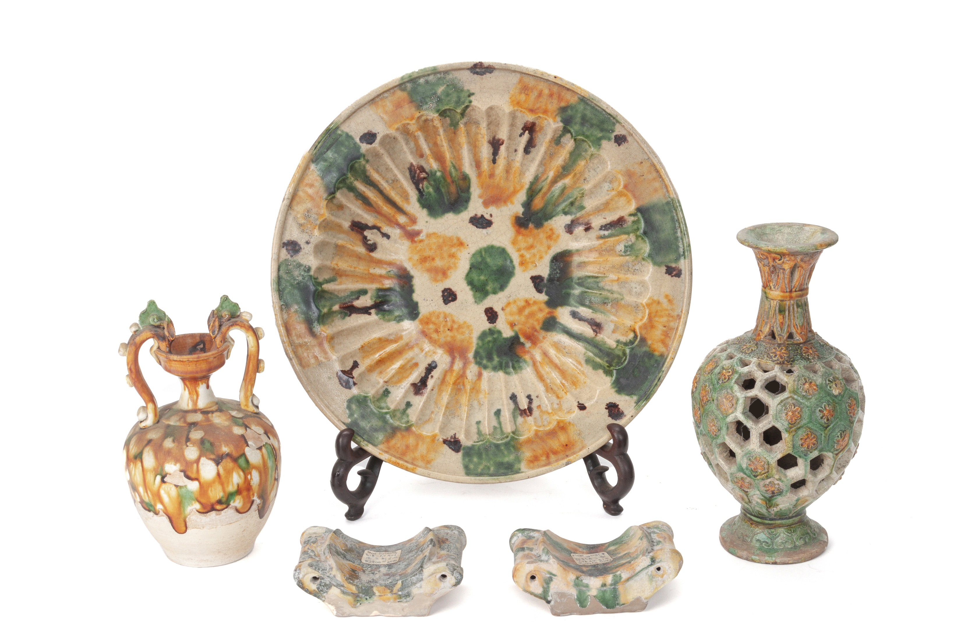 A GROUP OF FIVE TANG STYLE SANCAI GLAZED POTTERY ITEMS