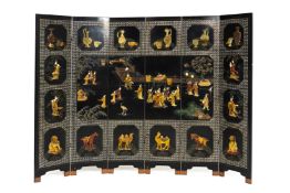 A BLACK LACQUER AND HARDSTONE INSET SIX FOLD SCREEN