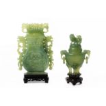 A CHINESE JADE /SERPENTINE VASE AND COVER AND TRIPOD CENSER