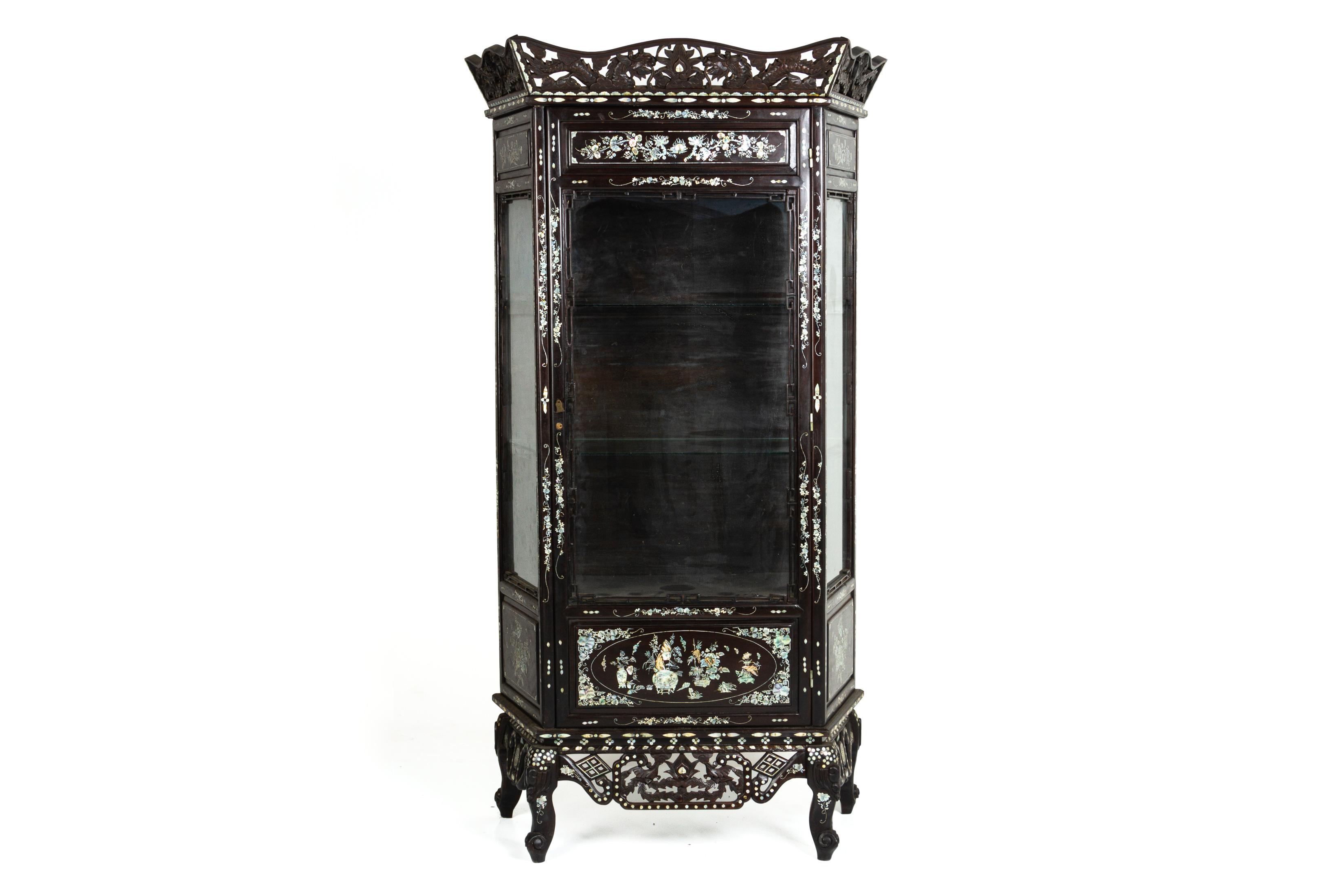 A GLAZED MOTHER OF PEARL INLAID DISPLAY CABINET