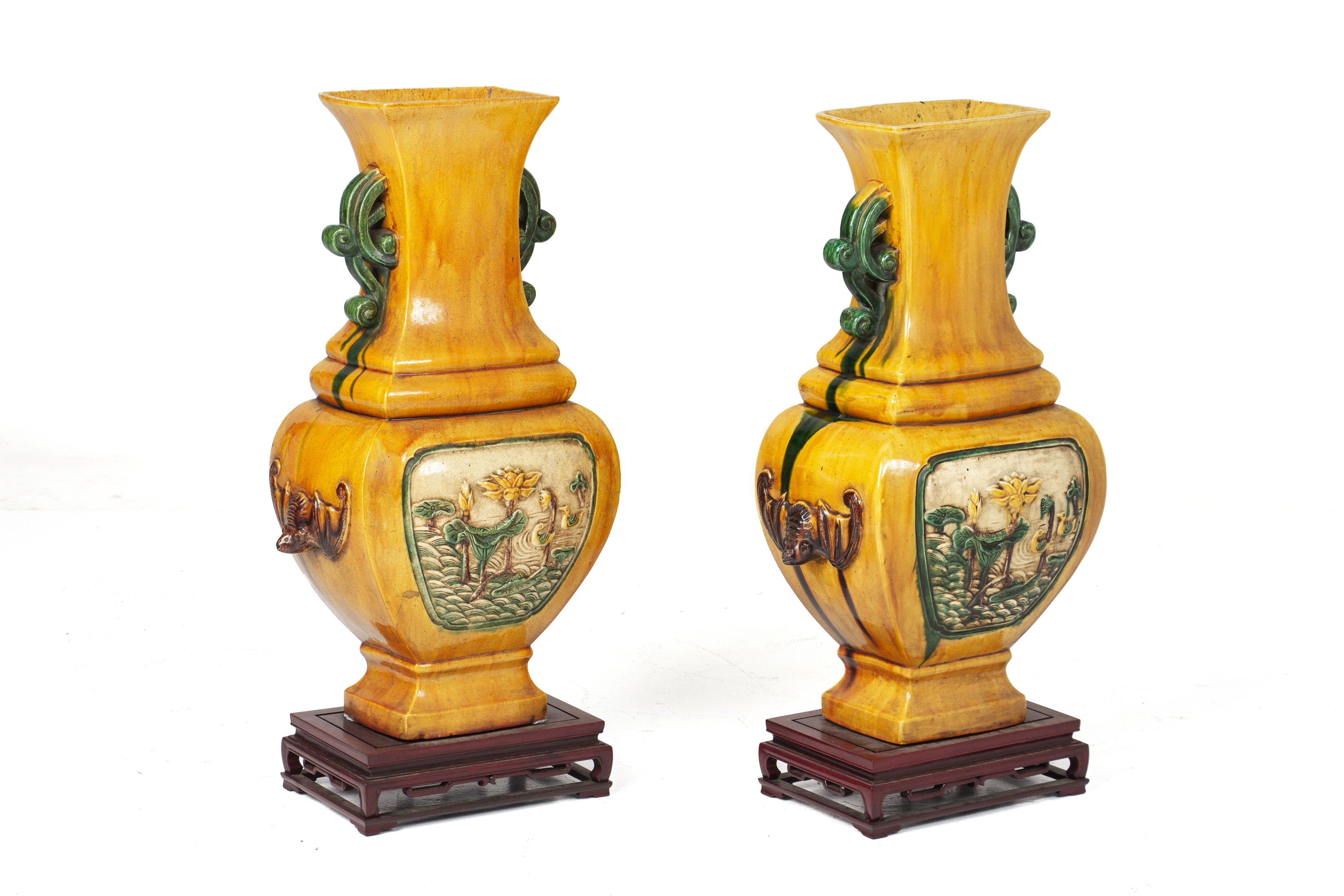 A PAIR OF LARGE SANCAI GLAZED TWIN HANDLED VASES