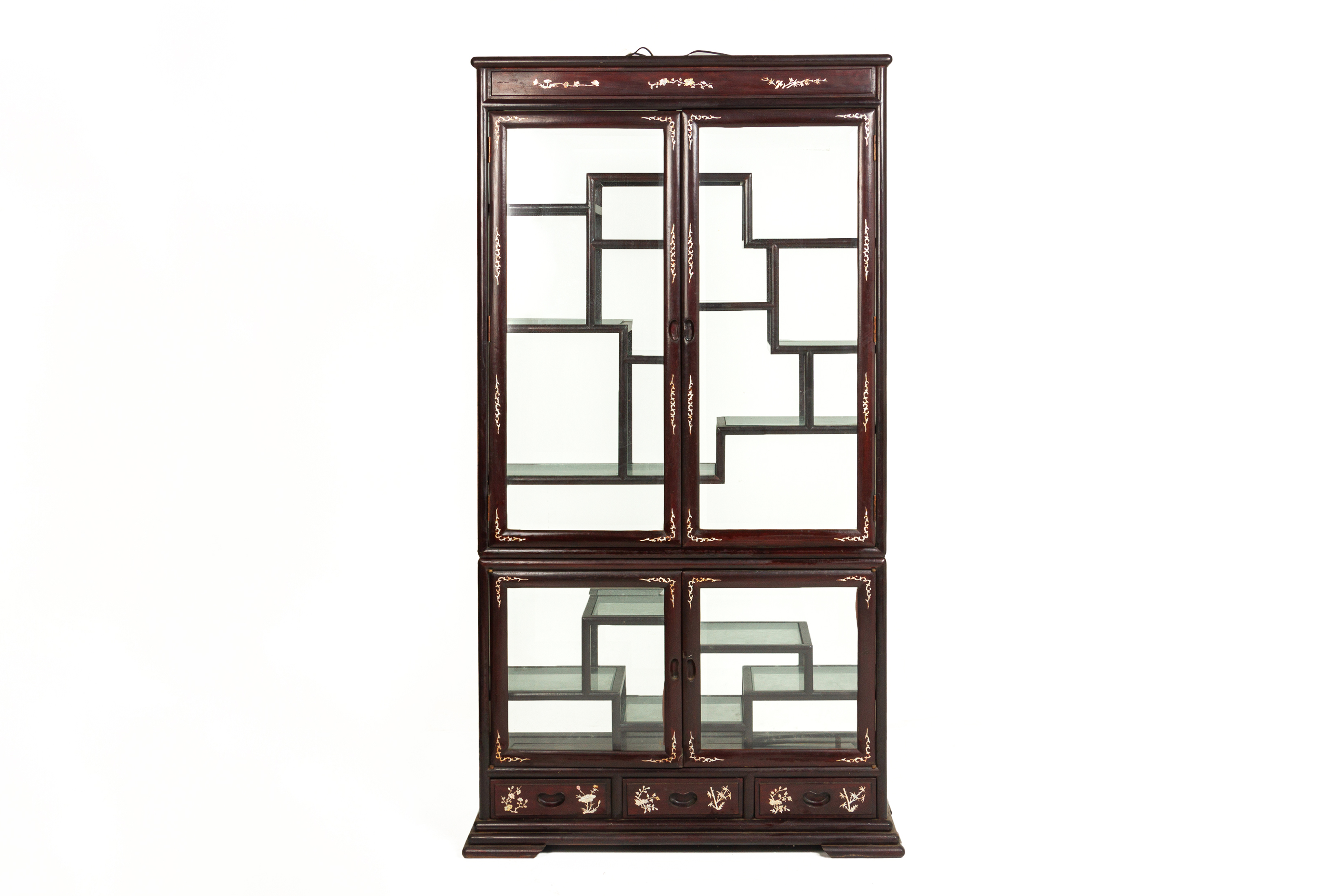 A MOTHER OF PEARL INLAID HARDWOOD GLAZED DISPLAY CABINET