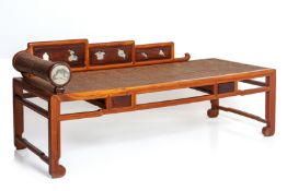 A CHINESE MARBLE-INSET ELM AND RATTAN DAYBED